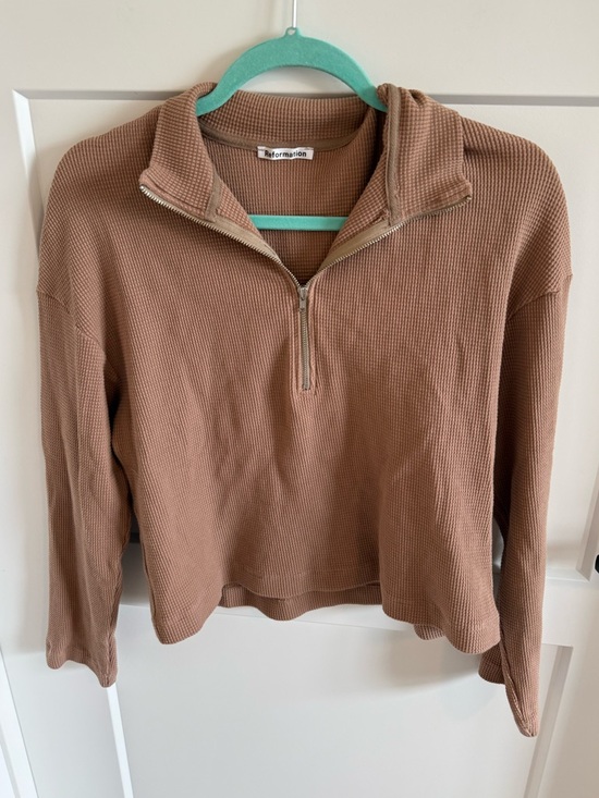 Reformation Tops - Reformation Waffle Knit Half Zip Top | Tan Cropped Pullover | Long Sleeve | M